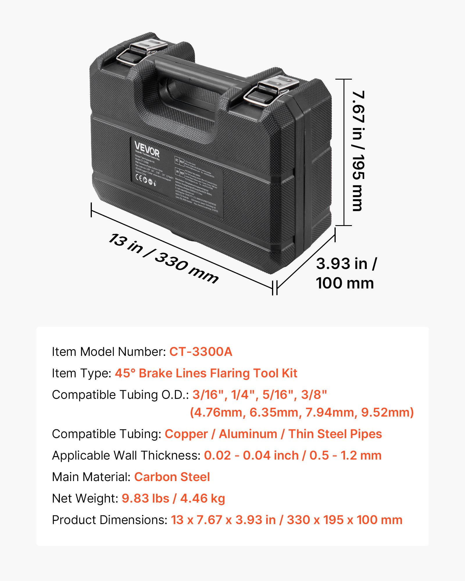 VEVOR Kit di Strumenti per Svasatura Tubi Freno, Kit Professionale di Strumenti per Svasatura Doppia a 45° per Tubi Sottili in Acciaio, Rame e Alluminio da 4,76 mm, 6,35 mm, 7,94 mm, 9,52 mm, Multiuso
