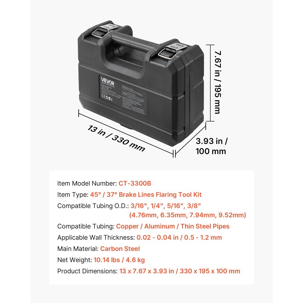 VEVOR Kit di Strumenti per Svasatura Doppia a 45° e 37° per Tubi Freno, Kit di Strumento Professionale per Svasatura Tubi Sottili in Acciaio, Rame e Alluminio da 4,76 mm, 6,35 mm, 7,94 mm e 9,52 mm