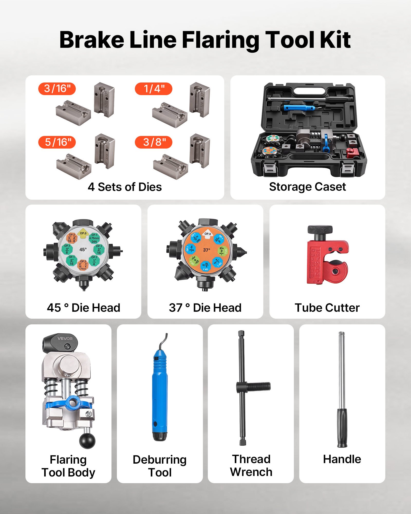VEVOR Kit di Strumenti per Svasatura Doppia a 45° e 37° per Tubi Freno, Kit di Strumento Professionale per Svasatura Tubi Sottili in Acciaio, Rame e Alluminio da 4,76 mm, 6,35 mm, 7,94 mm e 9,52 mm