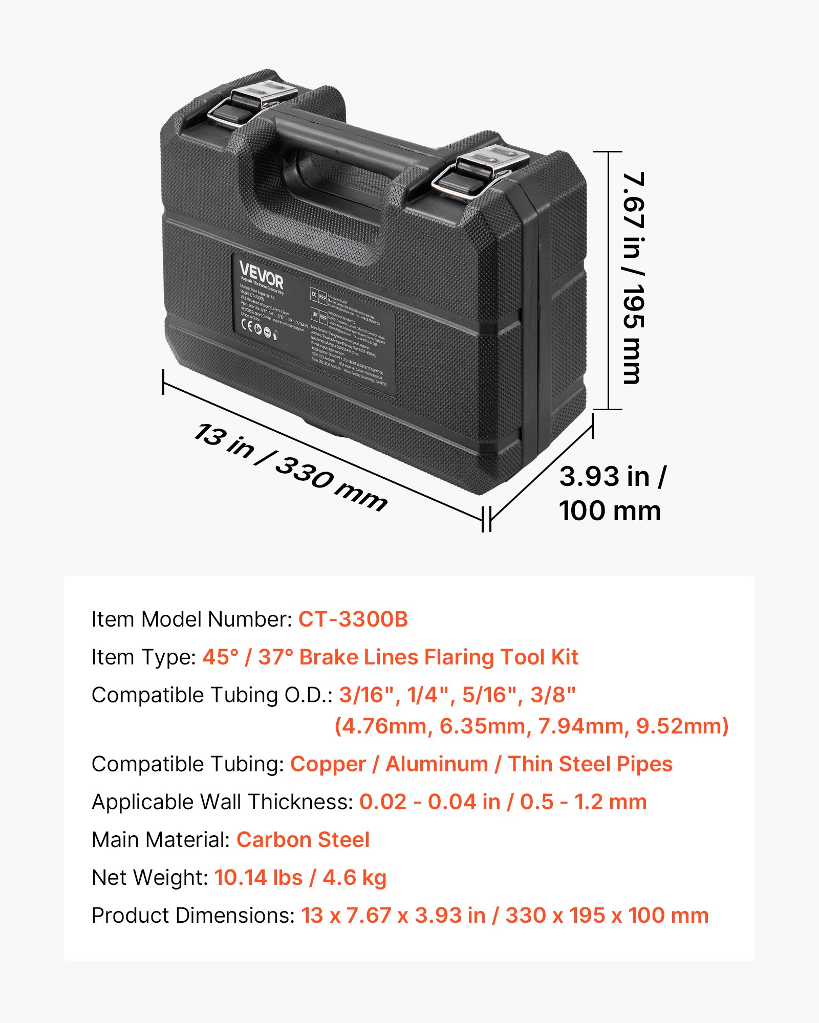 VEVOR Kit di Strumenti per Svasatura Doppia a 45° e 37° per Tubi Freno, Kit di Strumento Professionale per Svasatura Tubi Sottili in Acciaio, Rame e Alluminio da 4,76 mm, 6,35 mm, 7,94 mm e 9,52 mm