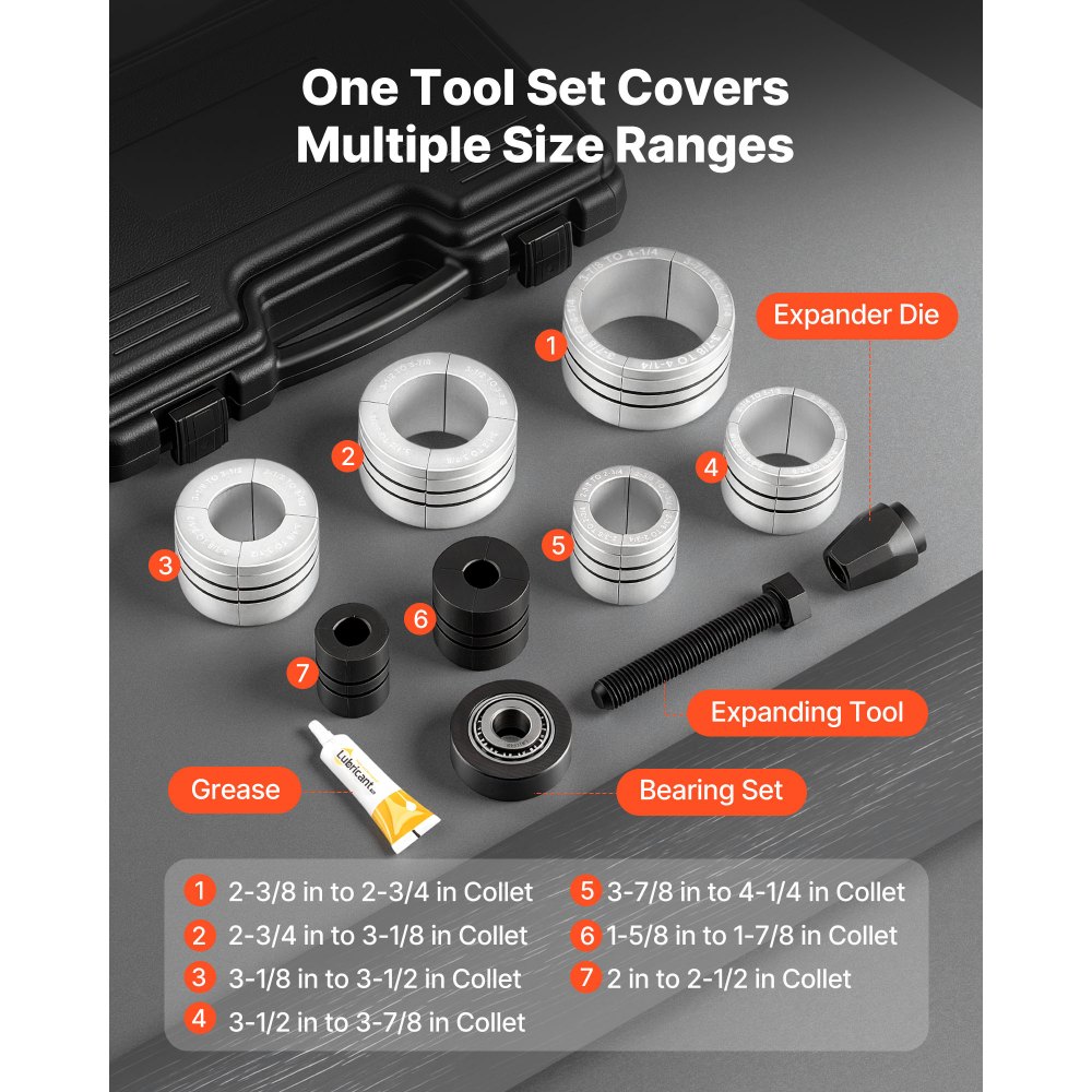 VEVOR Kit di Strumenti per Svasatura, Kit di Utensile per Espansione dei Tubi di Scarico, Allargatore per Tubi di Scarico da 41,27 mm a 107,95 mm, con 7 Collettori Robusti e Custodia per Trasporto