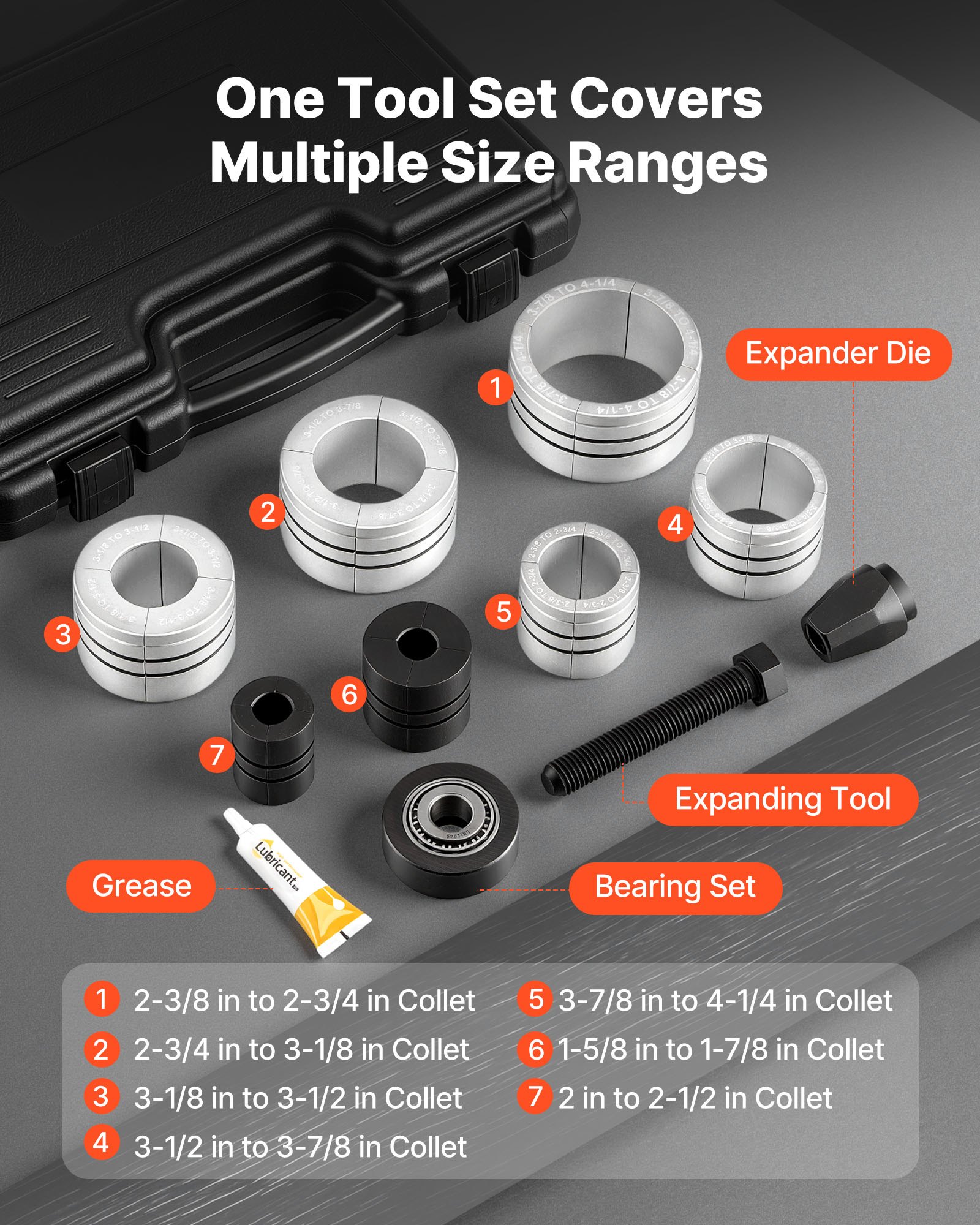 VEVOR Kit di Strumenti per Svasatura, Kit di Utensile per Espansione dei Tubi di Scarico, Allargatore per Tubi di Scarico da 41,27 mm a 107,95 mm, con 7 Collettori Robusti e Custodia per Trasporto
