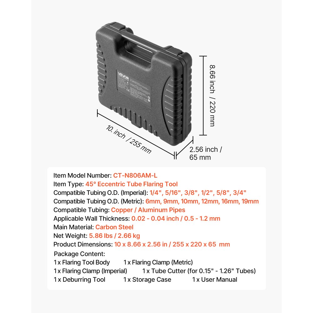 VEVOR Strumento di Svasatura HVAC, Kit di Strumenti per Svasatura Singola Eccentrica a 45° per Tubi in Rame e Alluminio 6-19 mm (1/4"-3/4"), con Morsetti Metrici e SAE, Tagliatubi e Cassetta Attrezzi