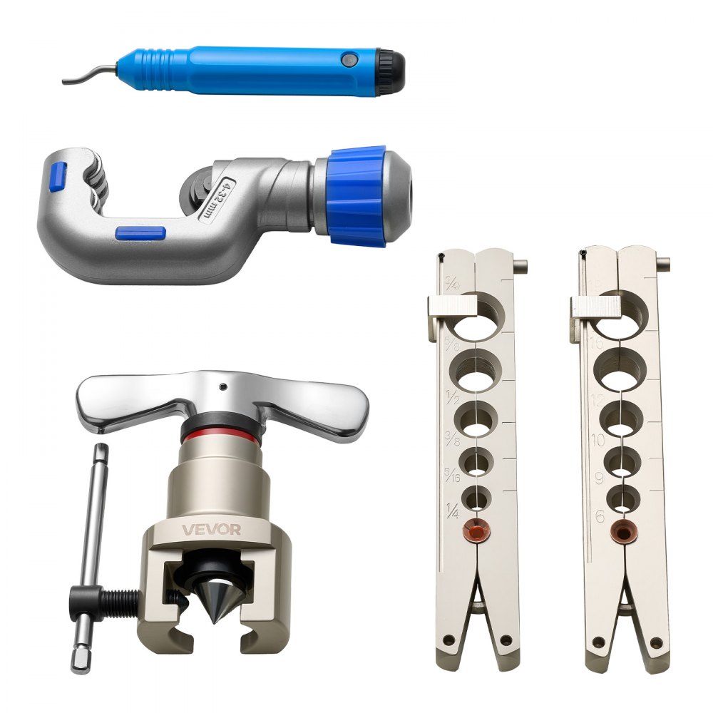VEVOR Strumento di Svasatura HVAC, Kit di Strumenti per Svasatura Singola Eccentrica a 45° per Tubi in Rame e Alluminio 6-19 mm (1/4"-3/4"), con Morsetti Metrici e SAE, Tagliatubi e Cassetta Attrezzi