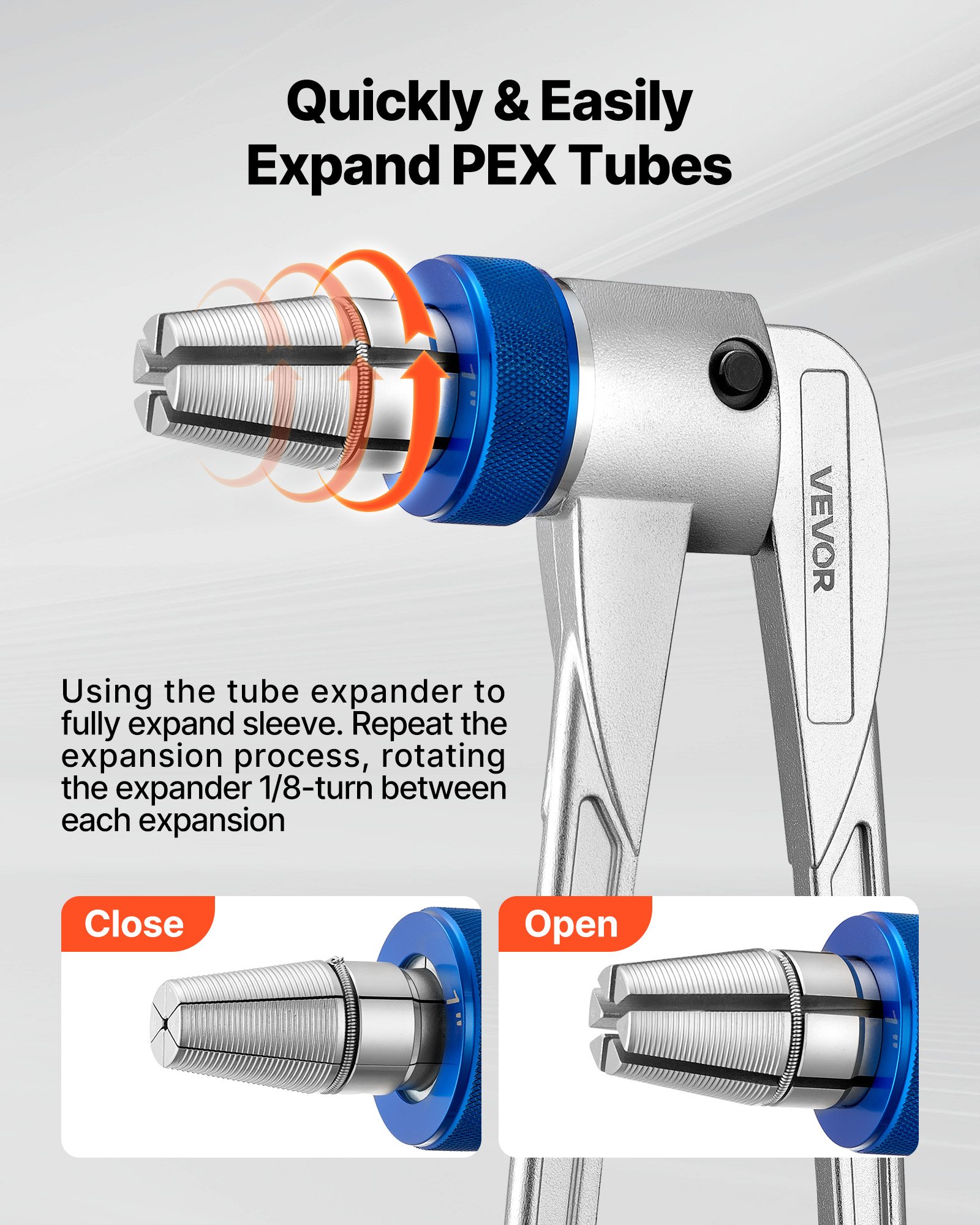 VEVOR PEX Pipe Expander Tool Kit, Manual Tubing Expansion Tool for 9.52mm, 12.7mm, 19mm, 25.4mm PEX Pipes - with 4 Expanding Heads, Pipe Cutter & Toolbox for Radiant Heating & Water Plumbing System