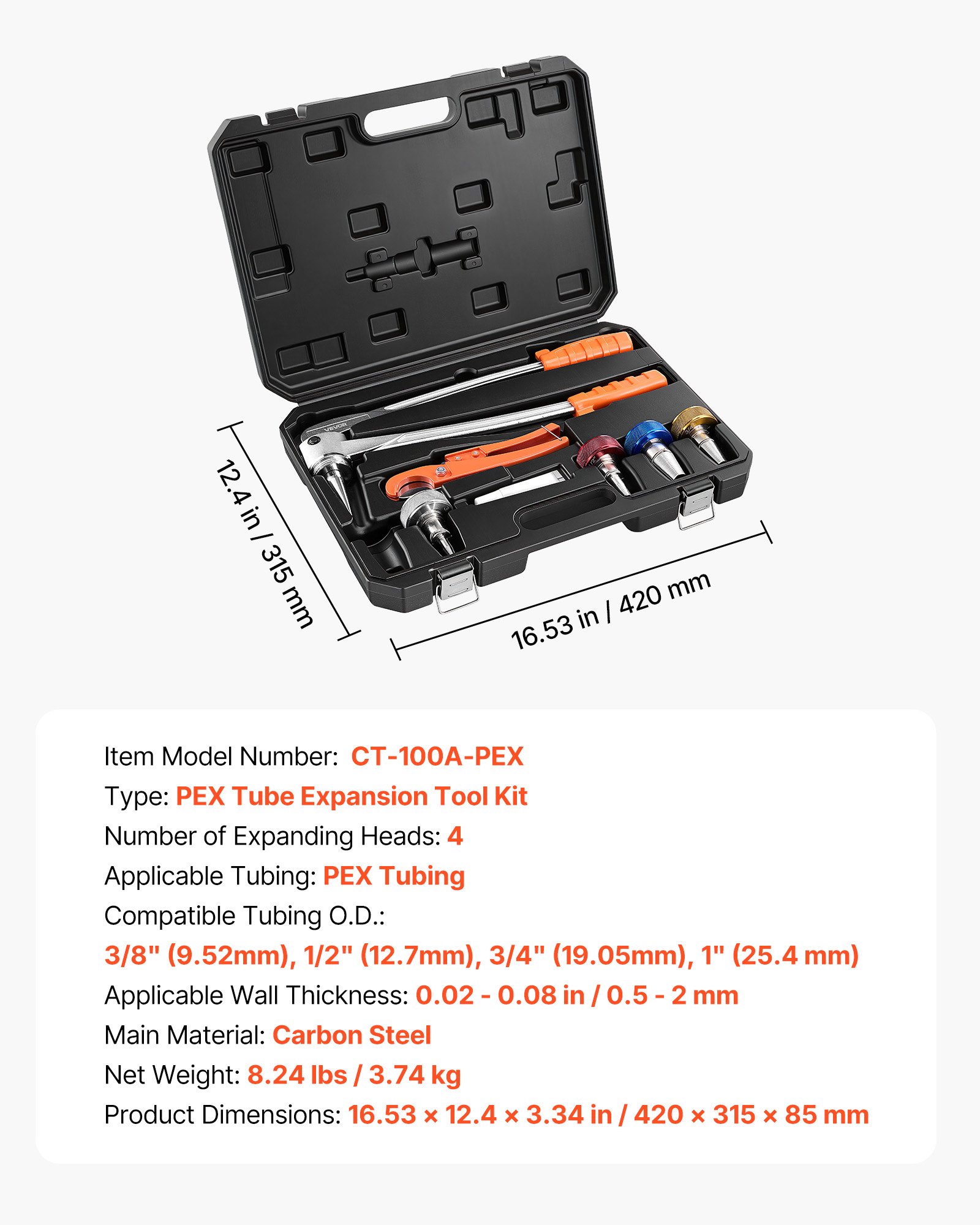 VEVOR PEX Pipe Expander Tool Kit, Manual Tubing Expansion Tool for 9.52mm, 12.7mm, 19mm, 25.4mm PEX Pipes - with 4 Expanding Heads, Pipe Cutter & Toolbox for Radiant Heating & Water Plumbing System