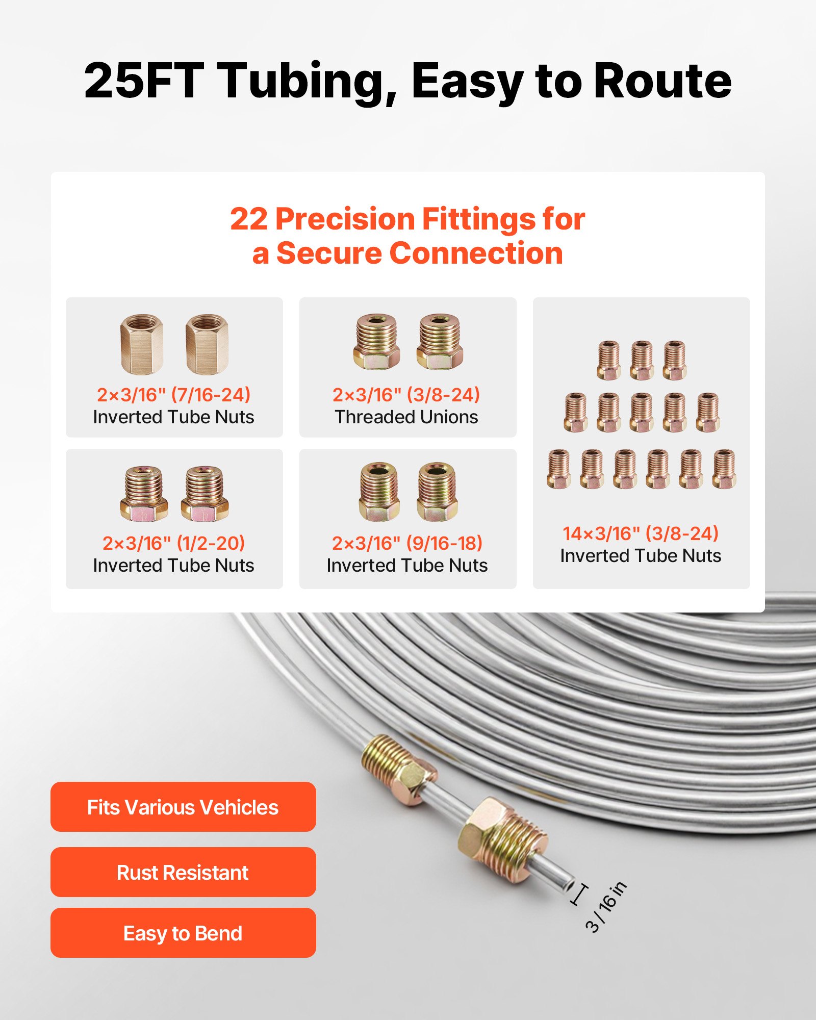 VEVOR Kit di Strumenti per Svasatura Singola a 45° dei Tubi Freno, Kit di Utensile per Espansione dei Tubi Freno Rivestito in Rame 7,6 m x 4,76 mm, con Piegatubi 3 in 1 Pratici e Tagliatubi Incluso