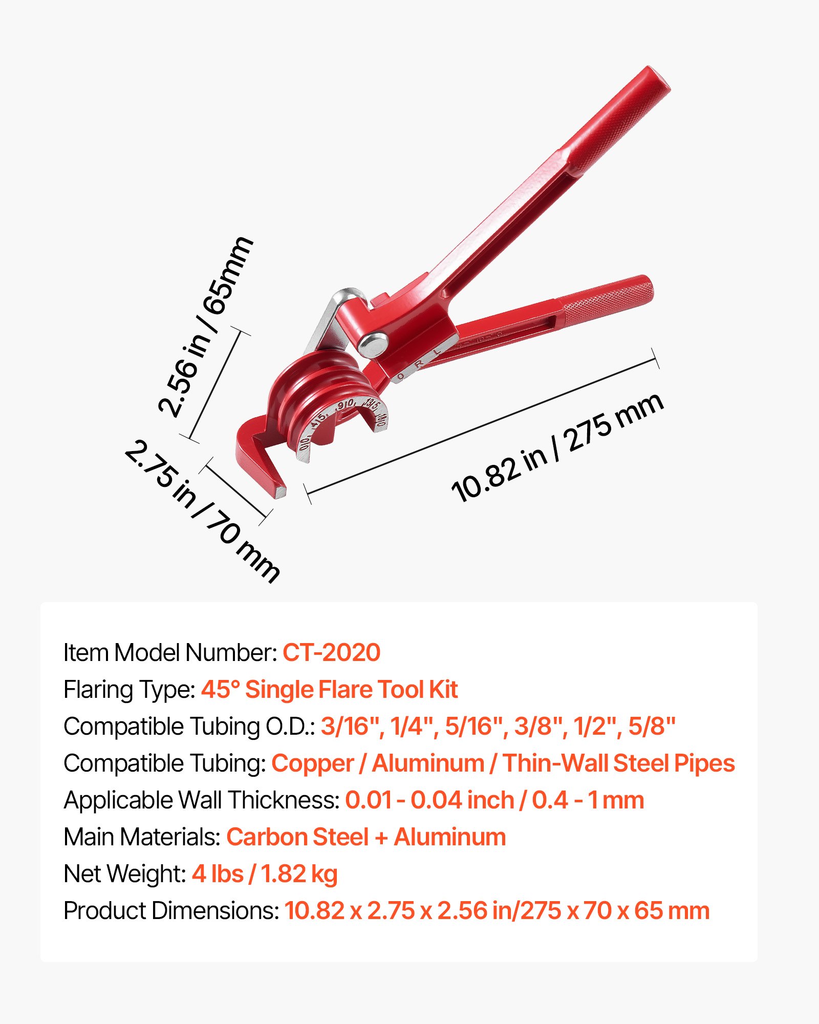 VEVOR Kit di Strumenti per Svasatura Singola a 45° dei Tubi Freno, Kit di Utensile per Espansione dei Tubi Freno Rivestito in Rame 7,6 m x 4,76 mm, con Piegatubi 3 in 1 Pratici e Tagliatubi Incluso