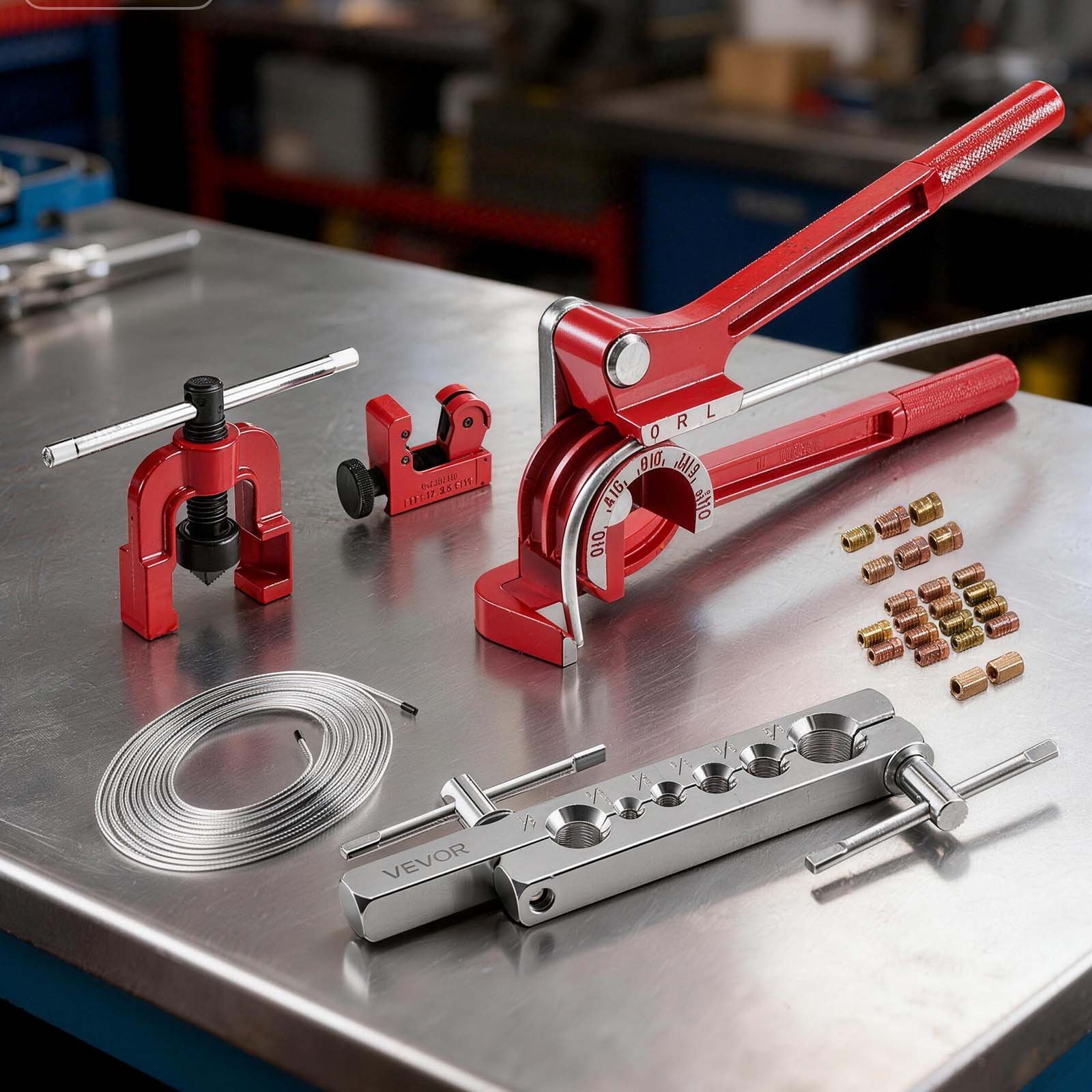 VEVOR Kit di Strumenti per Svasatura Singola a 45° dei Tubi Freno, Kit di Utensile per Espansione dei Tubi Freno Rivestito in Rame 7,6 m x 4,76 mm, con Piegatubi 3 in 1 Pratici e Tagliatubi Incluso
