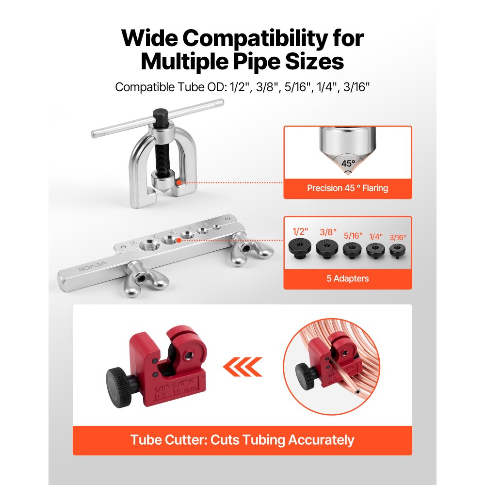 VEVOR Kit di Strumenti per Svasatura Doppia e Singola dei Tubi Freno a 45°, Kit di Riparazione per Tubi Freno Rivestiti in Rame 7,6 mx4,76 mm (16 raccordi e 4 raccordi), con Tagliatubi e 5 Adattatori