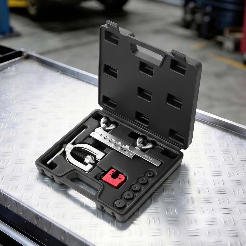 VEVOR Kit di Strumenti per Svasatura Doppia e Singola dei Tubi Freno a 45°, Kit di Riparazione per Tubi Freno Rivestiti in Rame 7,6 mx4,76 mm (16 raccordi e 4 raccordi), con Tagliatubi e 5 Adattatori