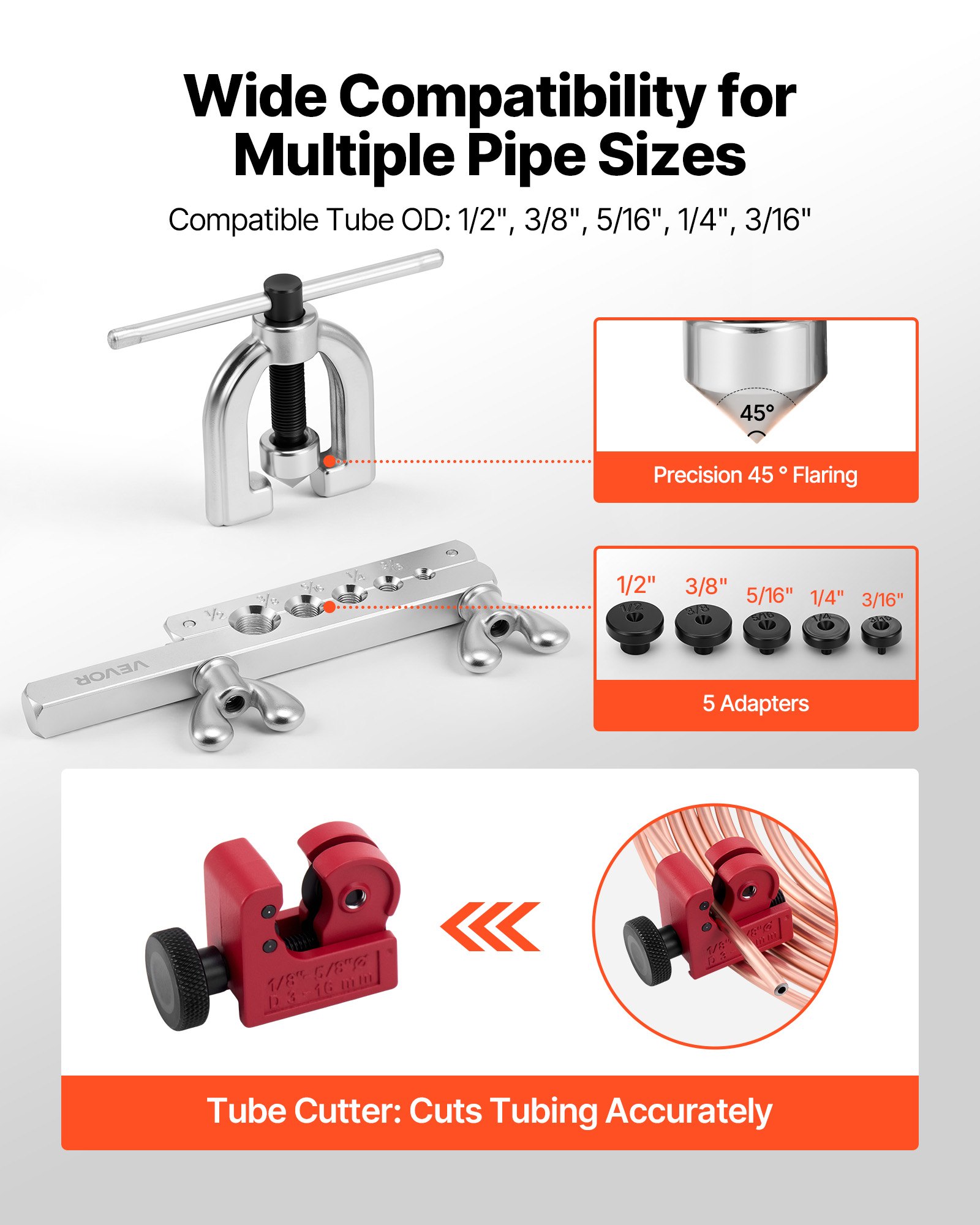 VEVOR Kit di Strumenti per Svasatura Doppia e Singola dei Tubi Freno a 45°, Kit di Riparazione per Tubi Freno Rivestiti in Rame 7,6 mx4,76 mm (16 raccordi e 4 raccordi), con Tagliatubi e 5 Adattatori