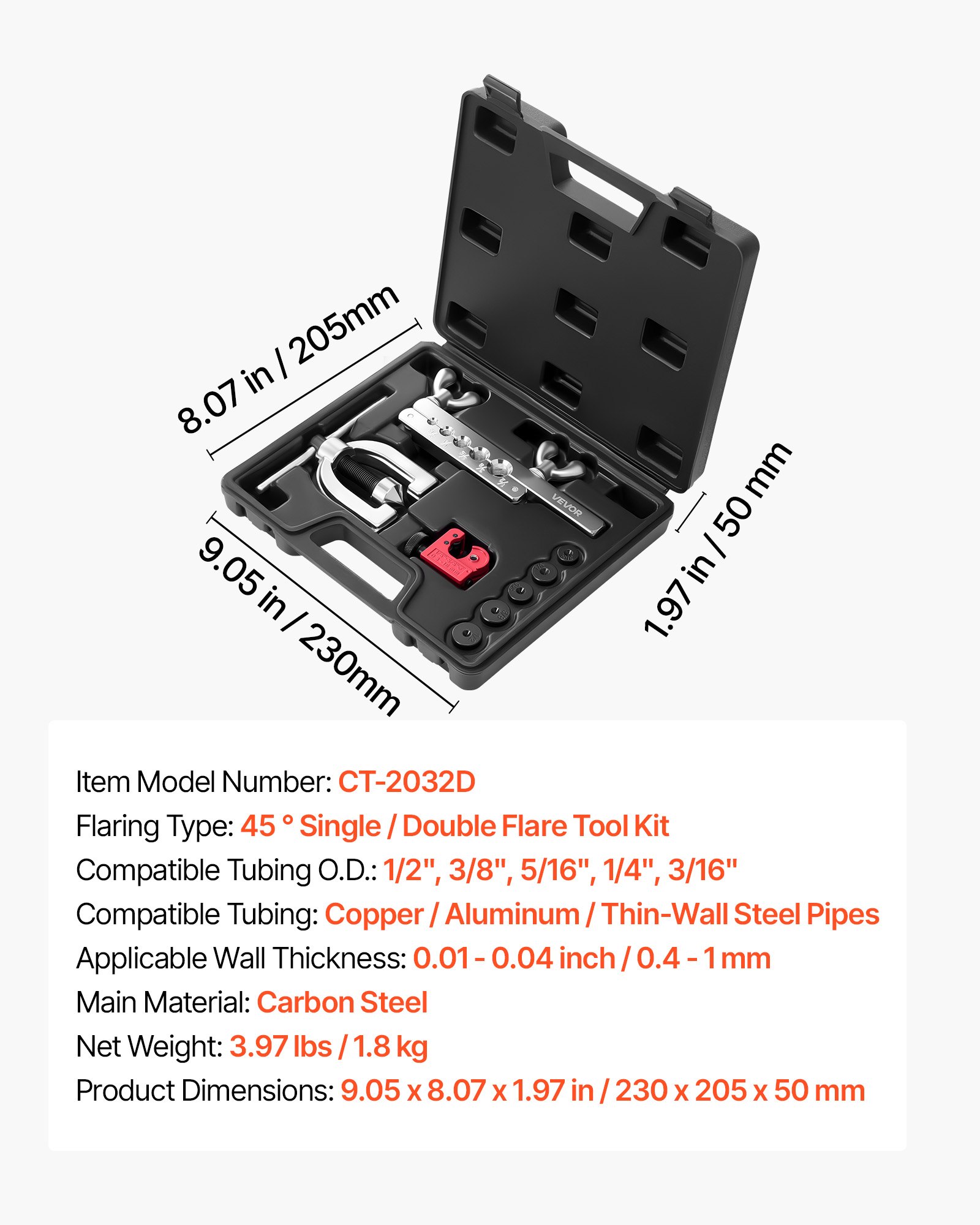 VEVOR Kit di Strumenti per Svasatura Doppia e Singola dei Tubi Freno a 45°, Kit di Riparazione per Tubi Freno Rivestiti in Rame 7,6 mx4,76 mm (16 raccordi e 4 raccordi), con Tagliatubi e 5 Adattatori