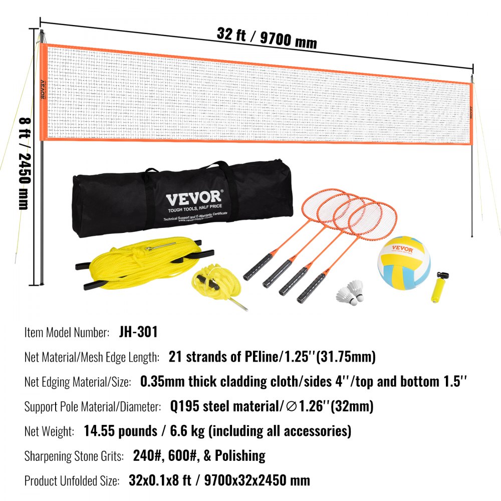 VEVOR Volleyball Net, Height-Adjustable Badminton Net, 91.44 x 970 cm, Portable Beach Volleyball Net, Orange, Foldable Volleyball Net with Volleyball, Carrying Bag & Badminton Racket