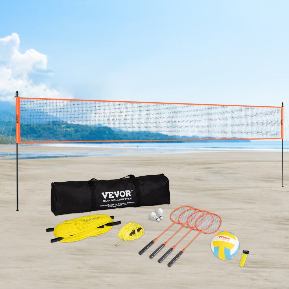 VEVOR Volleyball Net, Height-Adjustable Badminton Net, 91.44 x 970 cm, Portable Beach Volleyball Net, Orange, Foldable Volleyball Net with Volleyball, Carrying Bag & Badminton Racket