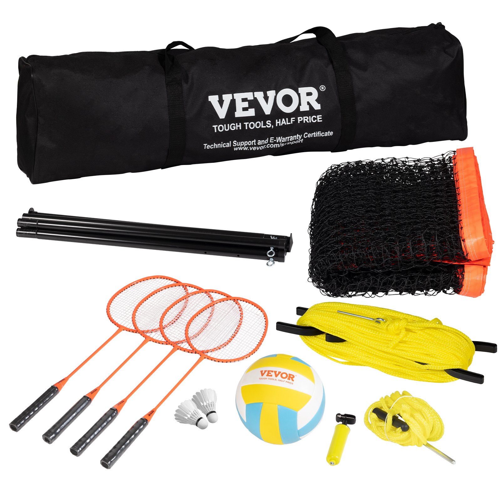 VEVOR Set da pallavolo e badminton, Rete da badminton portatile da esterno, Pali in acciaio ad altezza regolabile, Set combinato professionale con pallavolo in PVC, Pompa, Borsa da trasporto