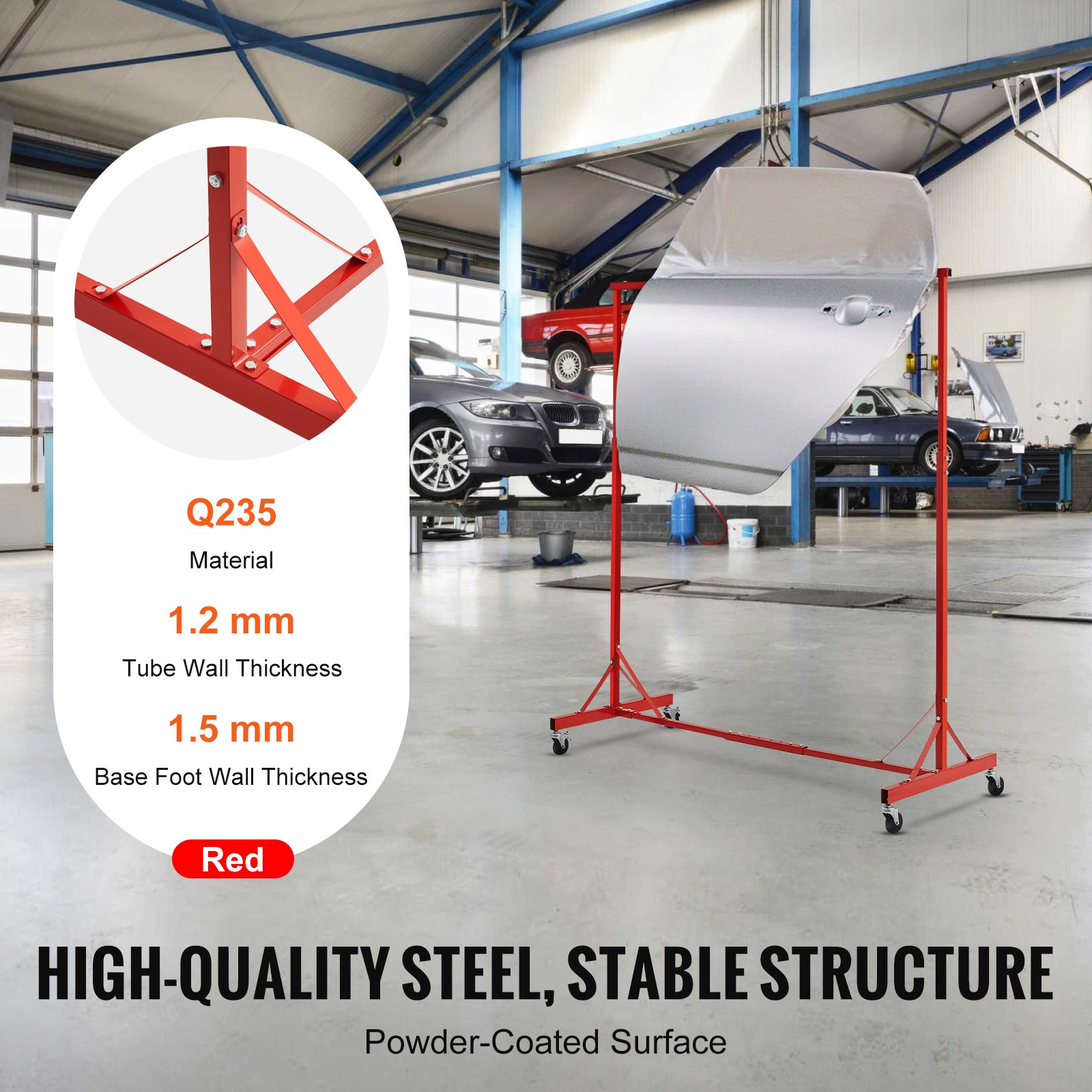 VEVOR Supporto per Verniciatura, Altezza Regolabile da 1,5 a 2,1 m Supporto per Carrozzeria per Auto con 8 Ganci, 4 Ruote Girevoli, Capacità di 30 kg per Officine di Riparazione Auto e Garage, Rosso