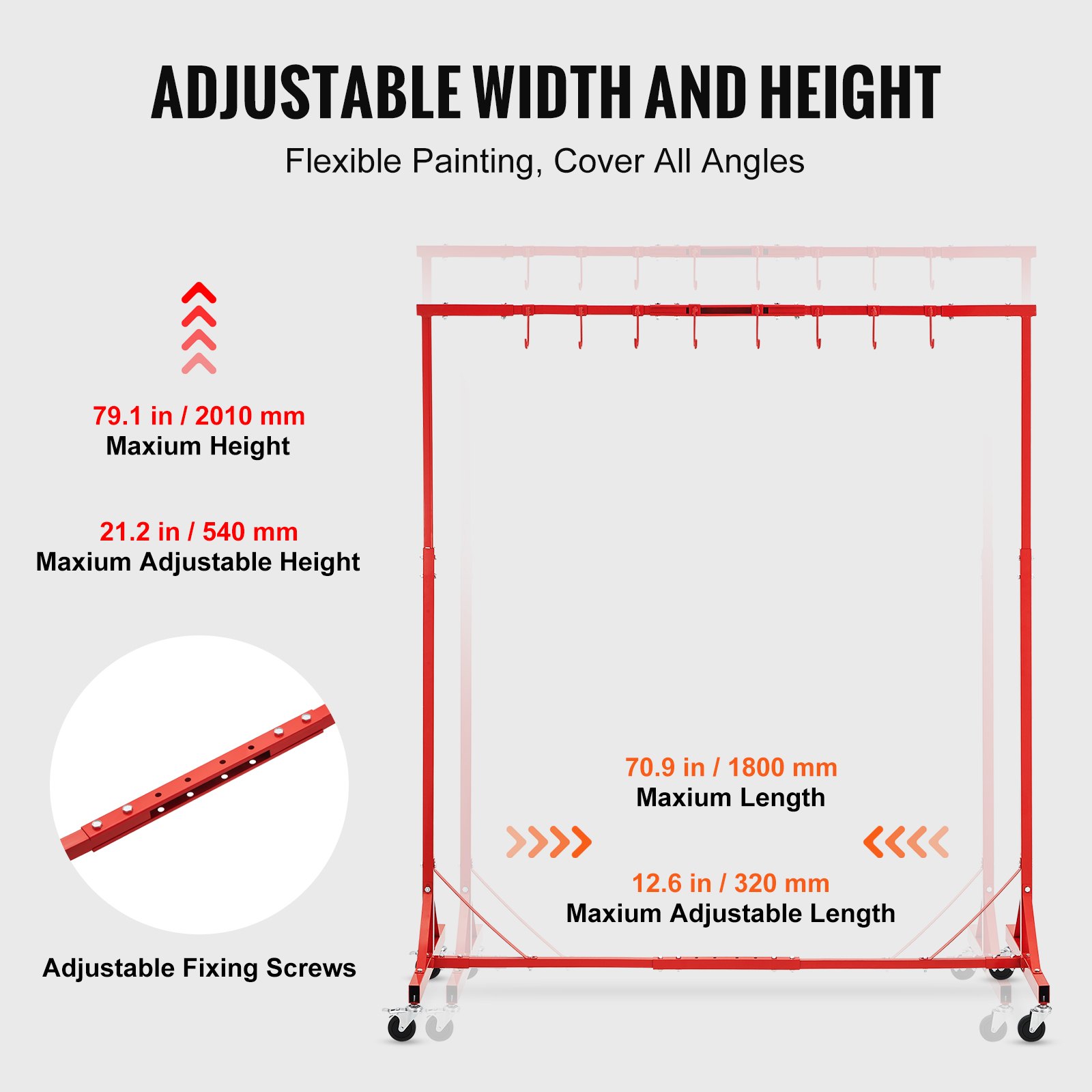 VEVOR Paint Stand, 1.5 - 2.1 m height adjustable, 30 kg load capacity, paint stand for cars, paint drying stand with 8 hooks and 4 swivel casters, bodywork stand for car workshops and garages