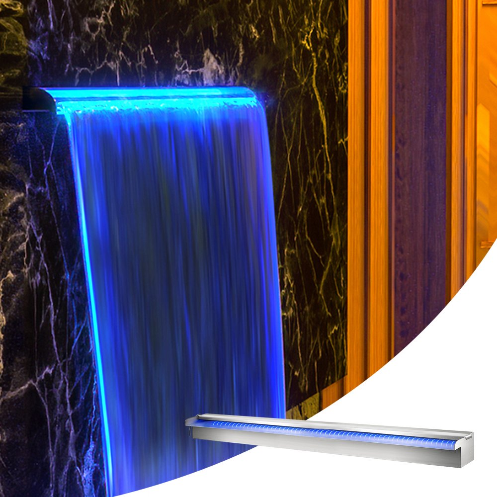 VEVOR Scarico a Cascata per Piscina 151x11,5x8 cm in Acciaio Inox con Striscia LED Colorata, Connettore per Tubo Flessibile, Telecomando, Resistente alla Corrosione per Laghetto, Giardino Esterno