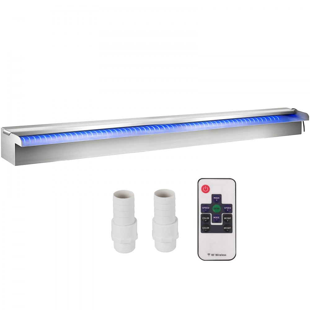 VEVOR Scarico a Cascata Piscina 90x11,5x8 cm in Acciaio Inox con Striscia LED Colorata, Connettore per Tubo Flessibile, Telecomando, Resistente alla Corrosione per Laghetto, Giardino Esterno