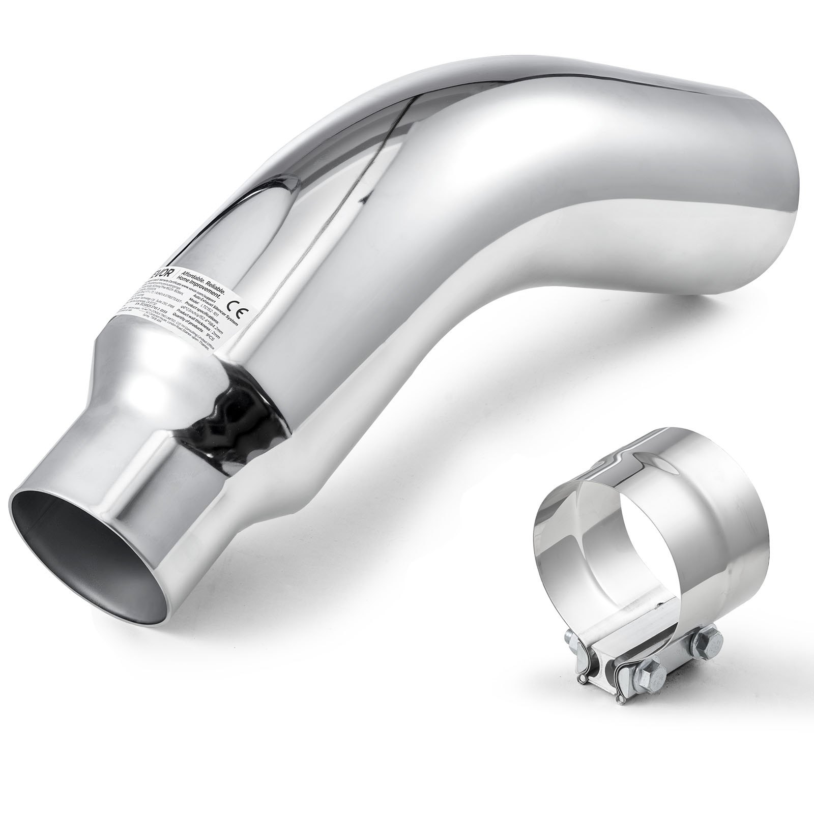 VEVOR Silenziatore Valvola Interruttore Ingresso 101,6 mm, Uscita 152 mm, Lunghezza Totale 584 mm, Terminale di Scarico Curvo Verso il Basso con Morsetto per Camion, Superficie Cromata