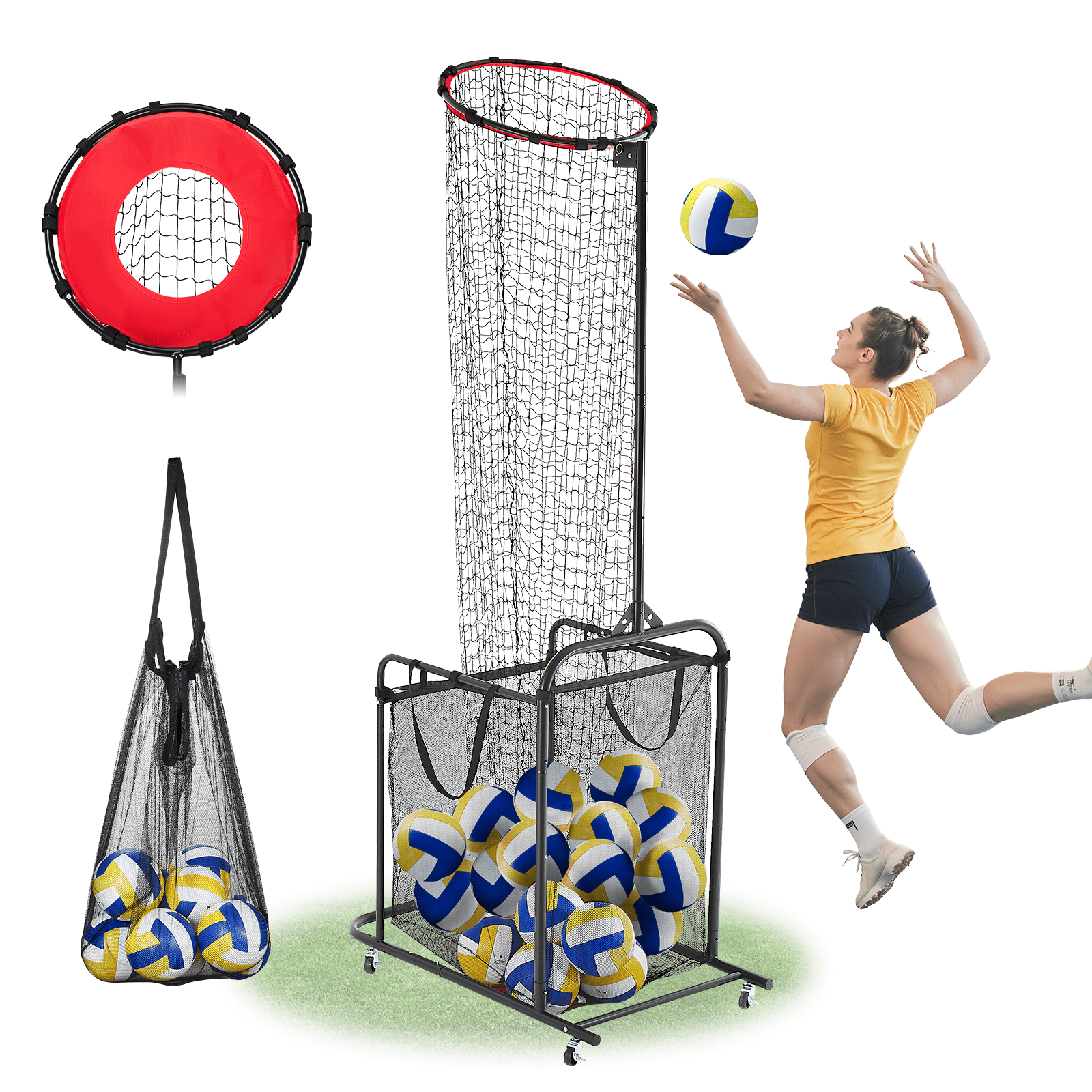 VEVOR Volleyball Training Net, Angle and Height Adjustable Volleyball Trainer, Portable Practice Net with Cart, Wheels & Carrying Bag, Professional Serve & Smash Training