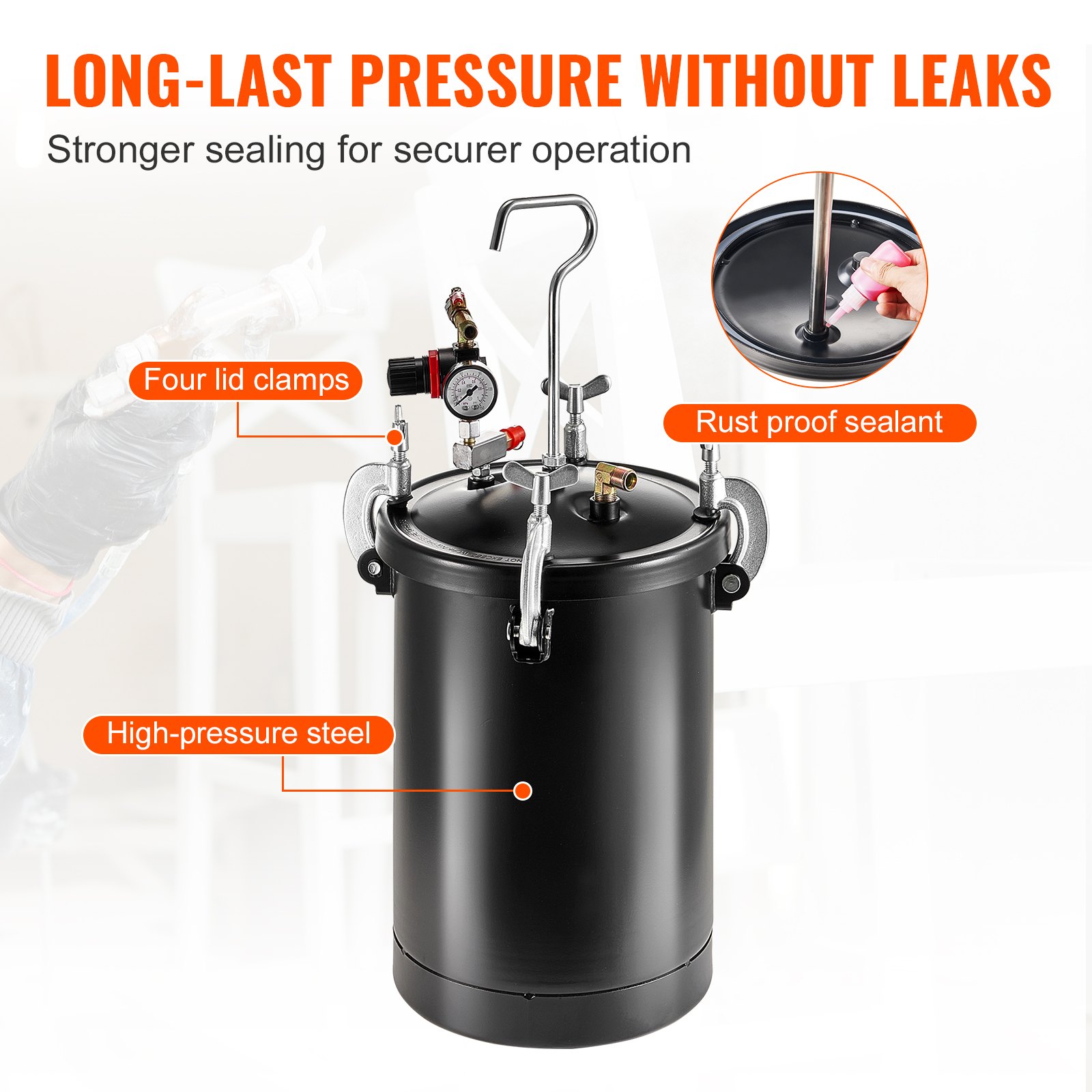 VEVOR Pressure Tank for Spray Paint, 15 L Pressure Tank, 60 psi Adjustable Pressure, Steel Pressure Tank Paint Container with Spray Gun, Hoses, Pressure Gauge, for Home Decoration, Industrial Painting