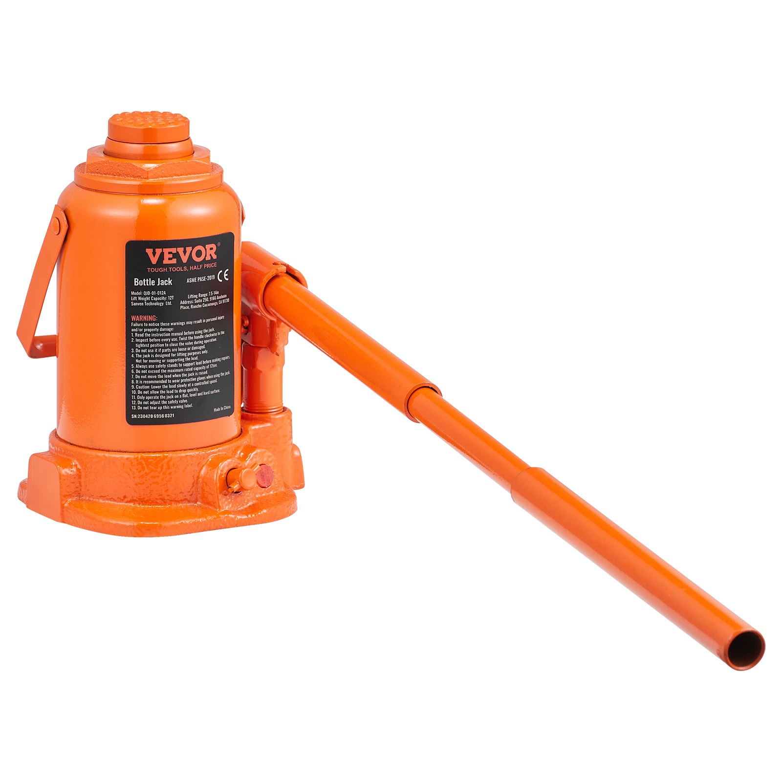 VEVOR Cric Idraulico a Bottiglia 12T Martinetto Sollevatore Manuale Gamma di Sollevamento 190-355 mm con Manico Lungo a 3 Sezioni Cavalletto per Auto Riparazione Ingegneria Industriale Garage Pickup