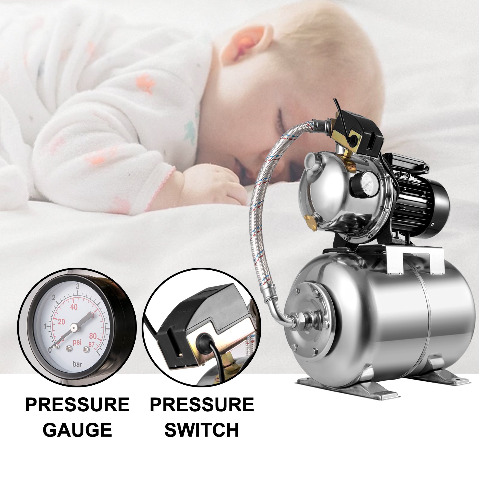 Vevor Pompa Per Getto Poco Profondo 550w Pompa Del Pozzo D'acqua Serbatoio 24l