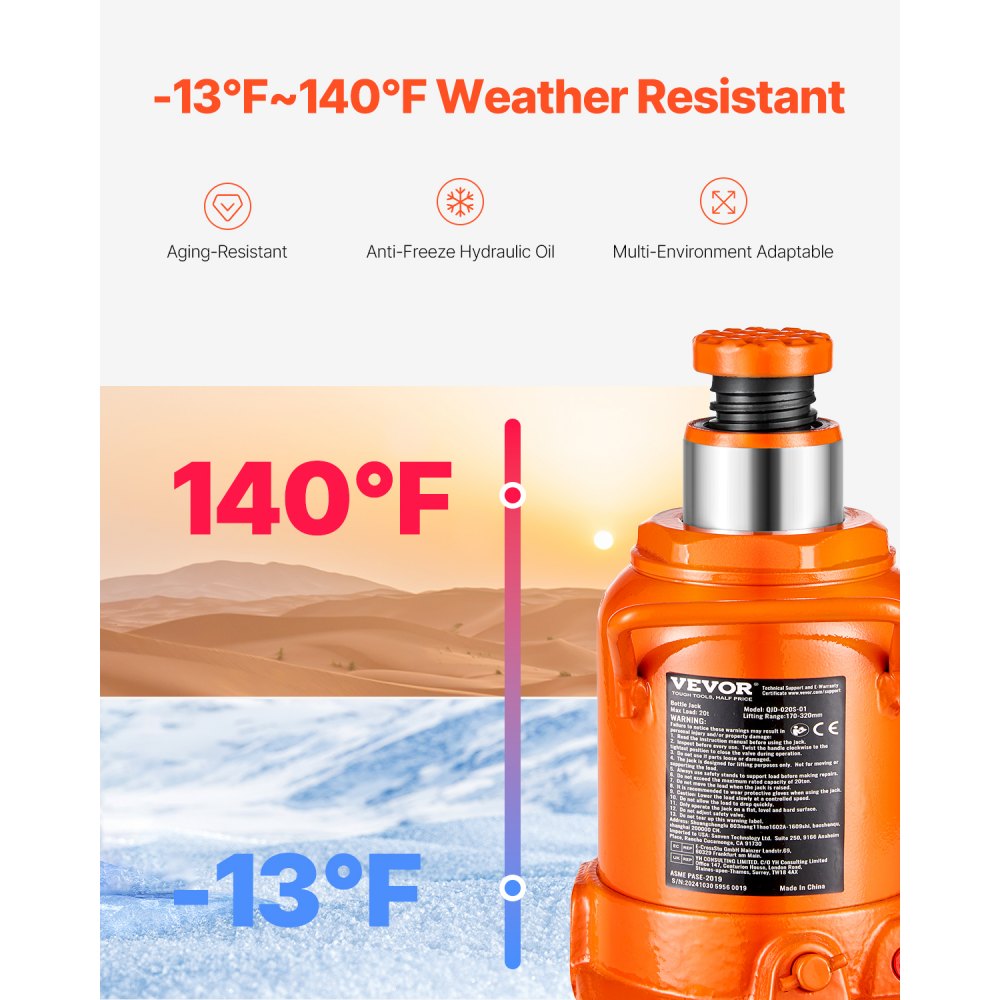 VEVOR Cric Idraulico a Bottiglia 20 T, Cricco a Bottiglia Saldato con Intervallo Sollevamento 170-320 mm e Maniglia Lunga a 3 Sezioni, per Pick-Up, Camper, Riparazioni Auto, Ingegneria Industriale