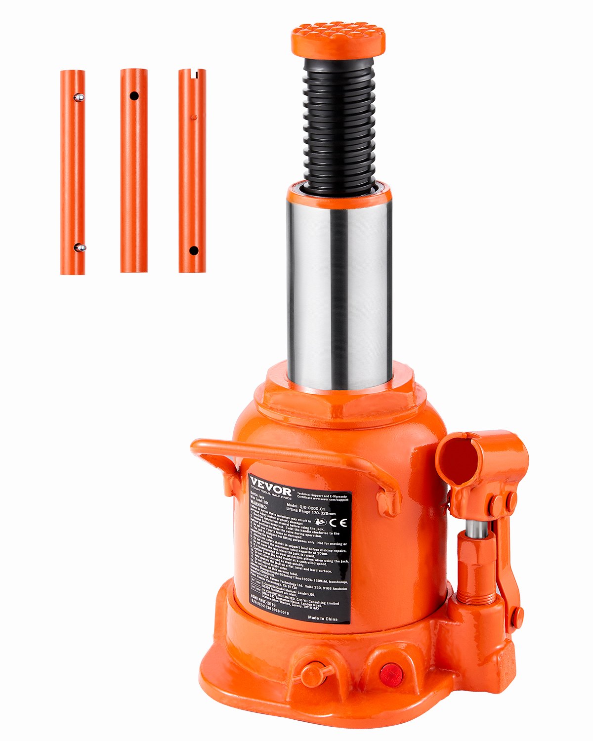 VEVOR Cric Idraulico a Bottiglia 20 T, Cricco a Bottiglia Saldato con Intervallo Sollevamento 170-320 mm e Maniglia Lunga a 3 Sezioni, per Pick-Up, Camper, Riparazioni Auto, Ingegneria Industriale