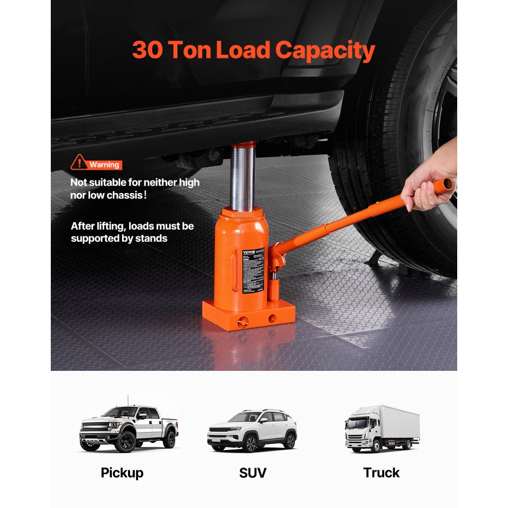 VEVOR Cric Idraulico a Bottiglia 30T, Cricco a Bottiglia Saldato con Portata Sollevamento 285-475 mm e Maniglia Lunga a 3 Sezioni, Cric per Pick-Up, Camper, Riparazioni Auto, Ingegneria Industriale