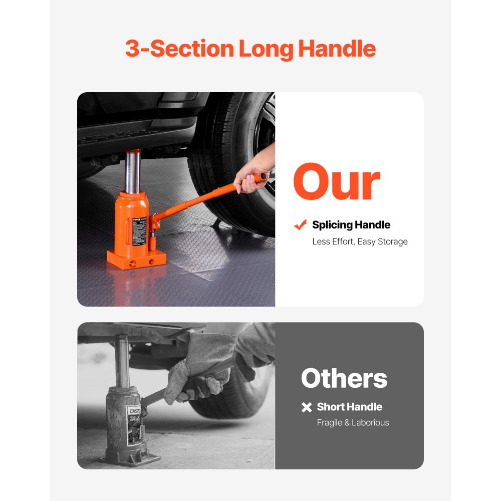 VEVOR Cric Idraulico a Bottiglia 30T, Cricco a Bottiglia Saldato con Portata Sollevamento 285-475 mm e Maniglia Lunga a 3 Sezioni, Cric per Pick-Up, Camper, Riparazioni Auto, Ingegneria Industriale