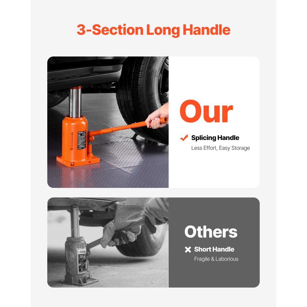 VEVOR Cric Idraulico a Bottiglia 50 T, Cricco a Bottiglia Saldato con Portata Sollevamento 280-440 mm e Maniglia Lunga a 3 Sezioni, Cric per Pick-Up, Camper, Riparazioni Auto, Ingegneria Industriale