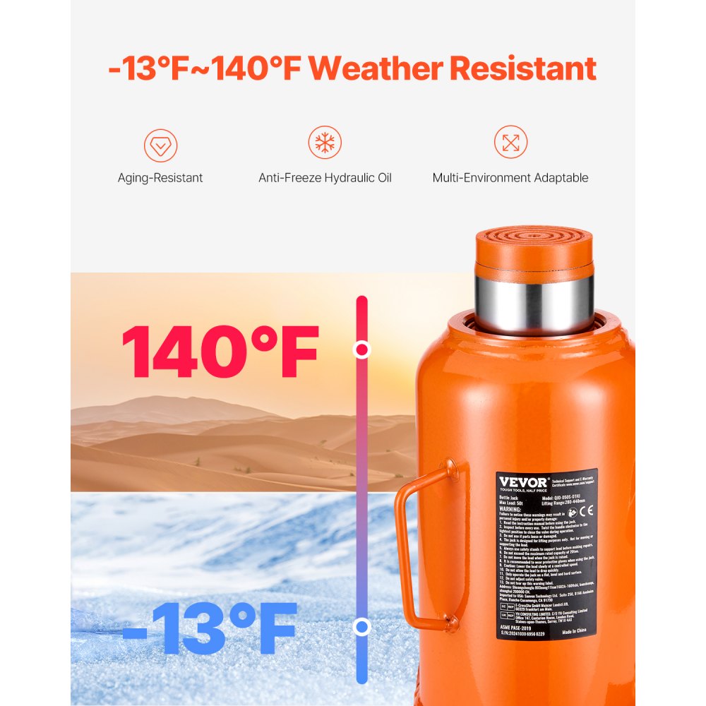 VEVOR Cric Idraulico a Bottiglia 50 T, Cricco a Bottiglia Saldato con Portata Sollevamento 280-440 mm e Maniglia Lunga a 3 Sezioni, Cric per Pick-Up, Camper, Riparazioni Auto, Ingegneria Industriale