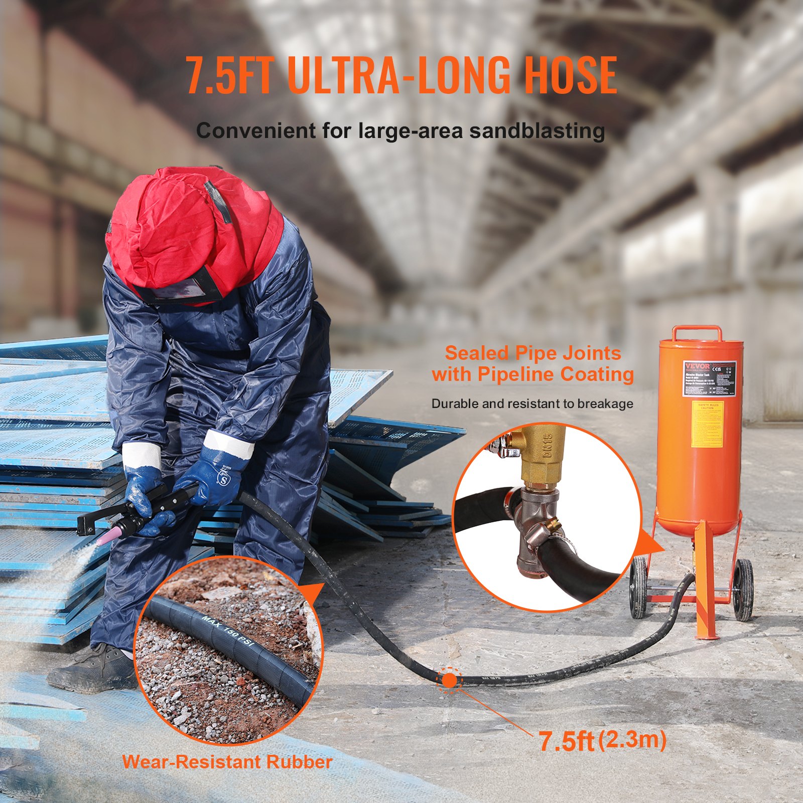 VEVOR Mobile Sandblaster 37 L Sandblasting System 2.3 m Working Hose Sandblaster 60-110 PSI Working Pressure Ideal for Removing Rust, Paint, Stains and Polishing Large Surfaces