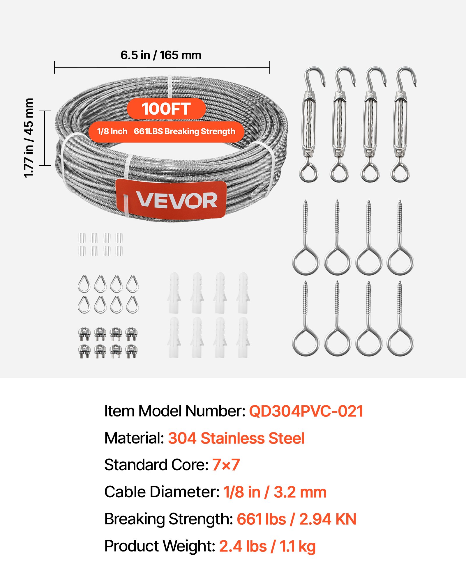 VEVOR Kit di Cavi Metallici da 3,2 mm, Lunghezza 30,5 m, Cavo in Acciaio Inossidabile 304, Resistenza alla Rottura 2,9 KN, Struttura a 7 x 7 Fili, per Sistema di Ringhiere per Ponti, Luci a Stringa