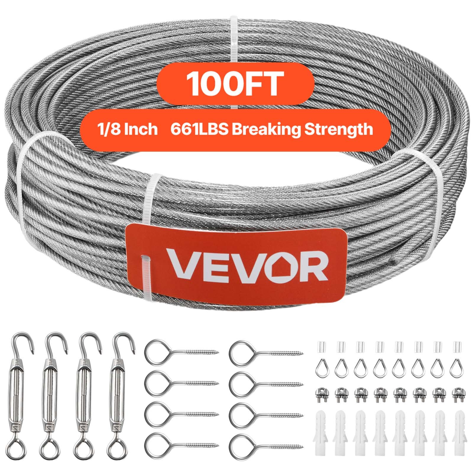 VEVOR Kit di Cavi Metallici da 3,2 mm, Lunghezza 30,5 m, Cavo in Acciaio Inossidabile 304, Resistenza alla Rottura 2,9 KN, Struttura a 7 x 7 Fili, per Sistema di Ringhiere per Ponti, Luci a Stringa