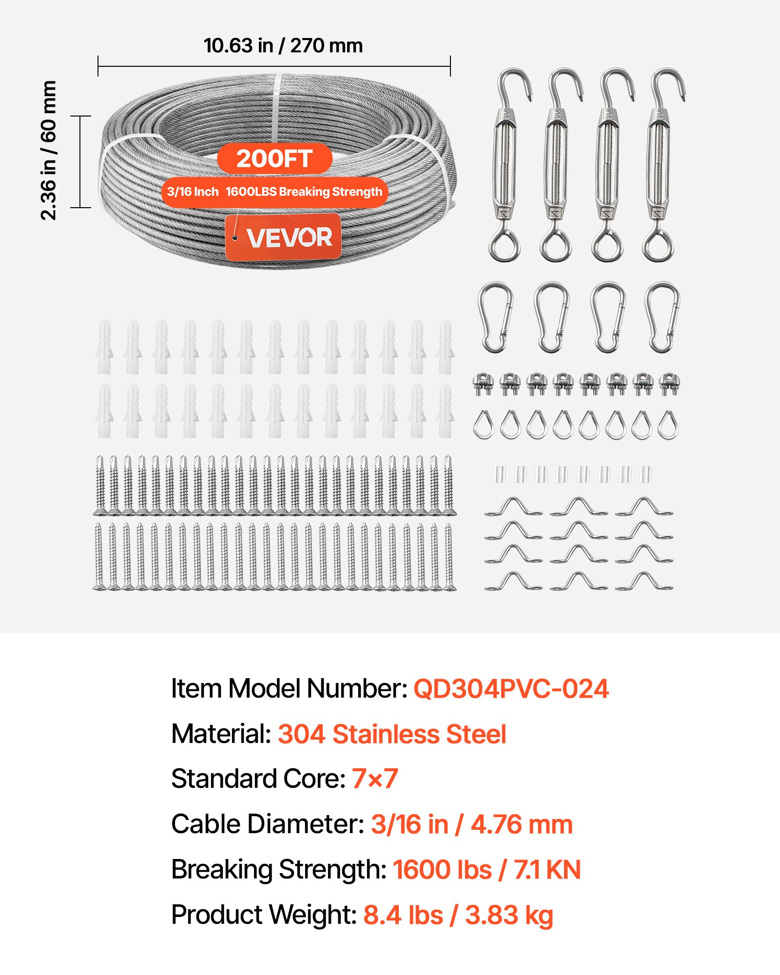 VEVOR Kit di Cavi Metallici da 4,76 mm, Lunghezza 61 m, Cavo in Acciaio Inossidabile 304, Resistenza alla Rottura 2,9 KN, Struttura a 7 x 7 Fili, per Sistema di Ringhiere per Ponti, Luci a Stringa