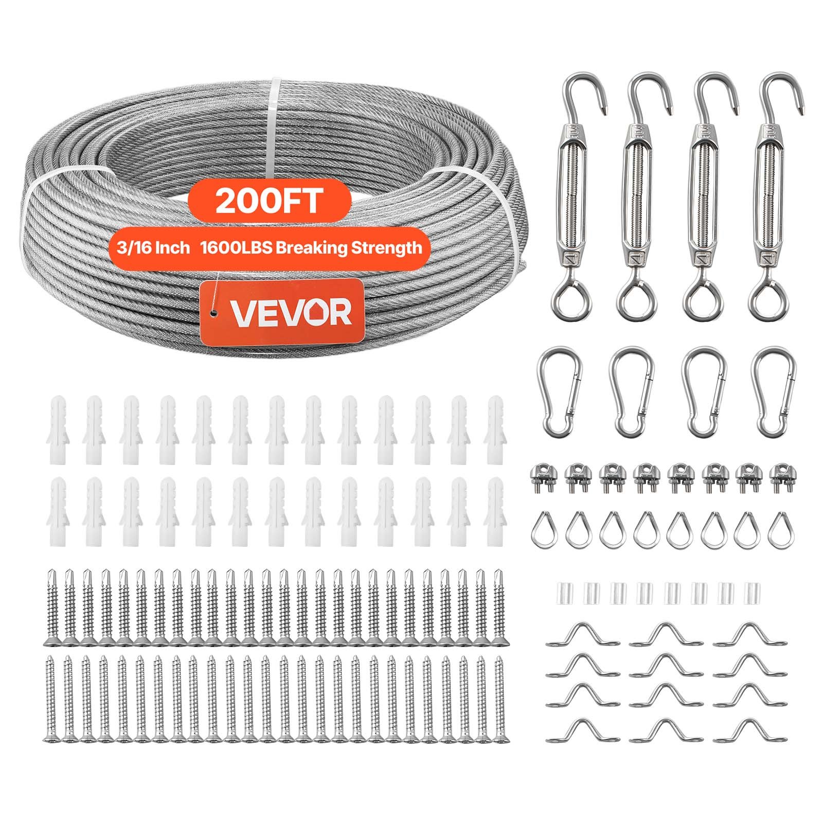 VEVOR Kit di Cavi Metallici da 4,76 mm, Lunghezza 61 m, Cavo in Acciaio Inossidabile 304, Resistenza alla Rottura 2,9 KN, Struttura a 7 x 7 Fili, per Sistema di Ringhiere per Ponti, Luci a Stringa