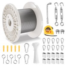 VEVOR Kit di Cavi Metallici da 3,18 mm 30,5 m Cavo in Acciaio Inossidabile 304, 59 Accessori, Resistenza alla Rottura di 2,9 KN Costruzione di Fili 7 x 7 di Grado Aeronautico Marino per Scale, Esterni