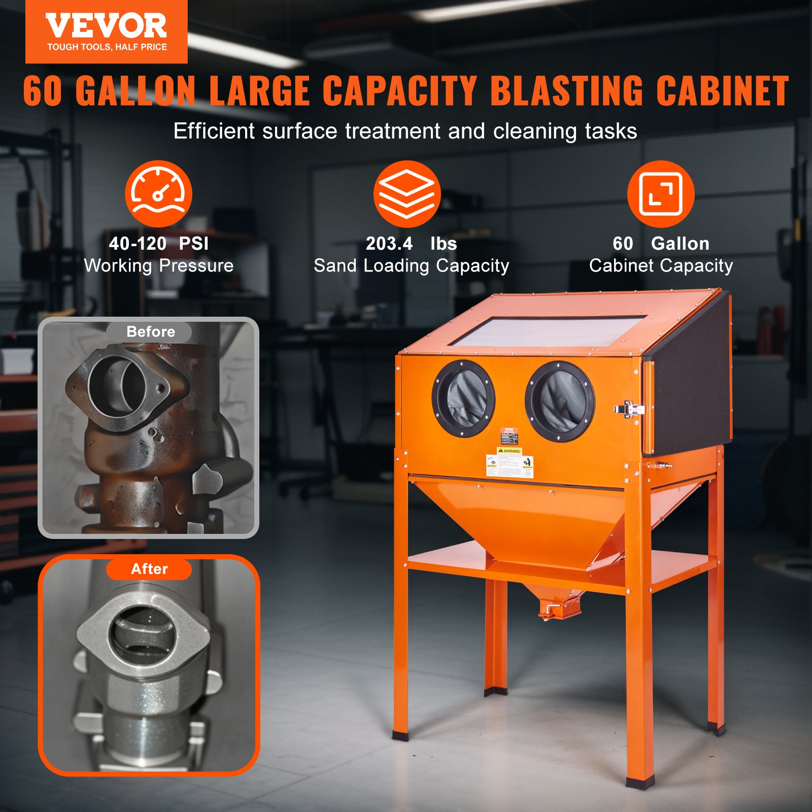 VEVOR 60-Gallon Sandblasting Cabinet, 40-120 PSI Sandblasting Cabinet with Stand, Heavy-Duty Steel Sandblaster with Blasting Gun and 4 Ceramic Nozzles for Removing Paint, Stains, and Rust