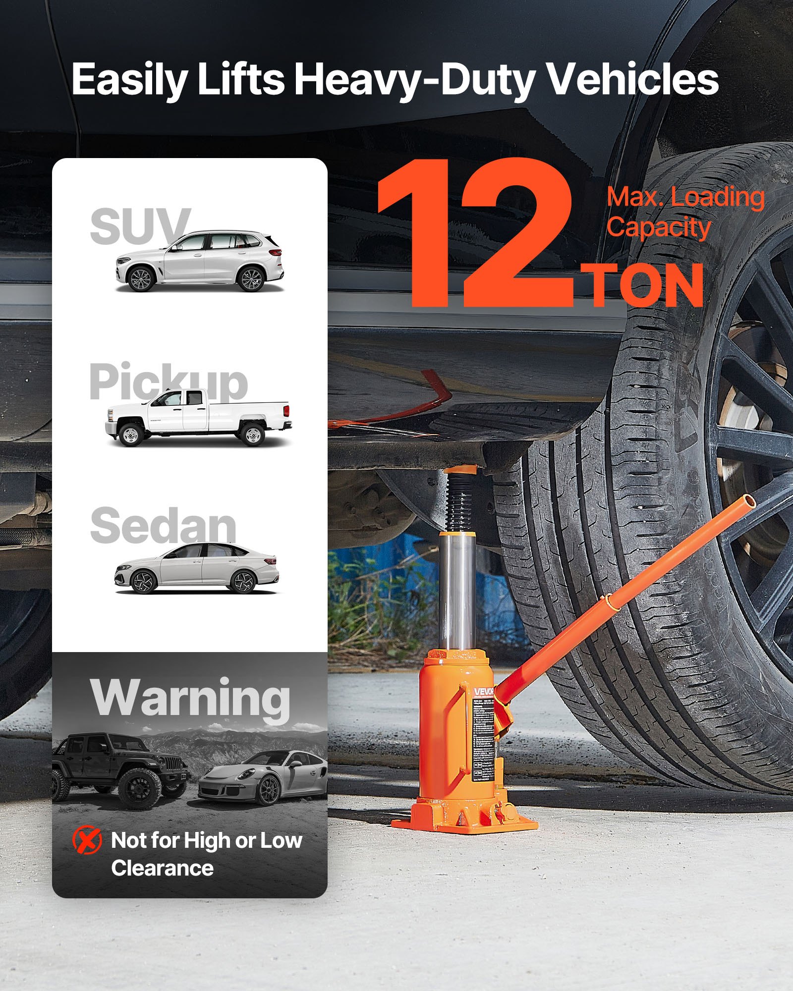 VEVOR Hydraulic Bottle Jack, 12 Ton (26455.5 lbs) Capacity, 205-400 mm Lifting Range, Heavy Duty Welded Bottle Jack for Car, SUV, Pickup, Auto Repair, House Lift and Agricultural Equipment, Orange