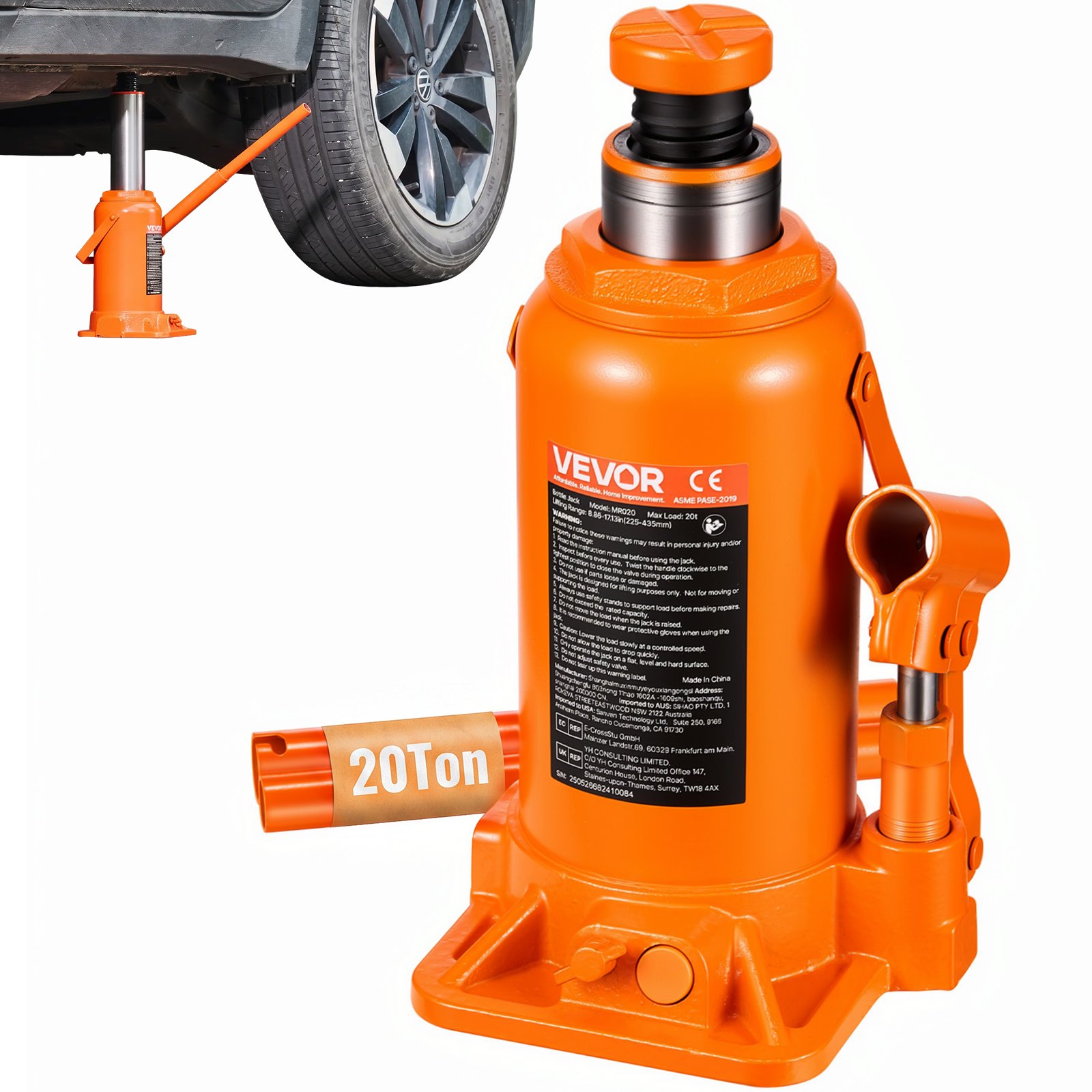VEVOR Sollevatore a Bastone da Pavimento Capacità 20 t Intervallo di Sollevamento 225-435 mm, Cric a Bottiglia Saldato per Impieghi Gravosi per Auto, SUV, Ascensori Domestici e Attrezzature Agricole