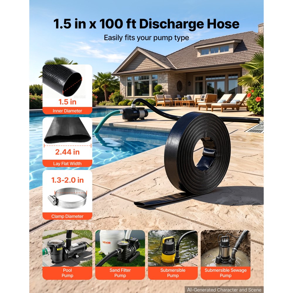 VEVOR Tubo di Scarico Piatto per Piscina Irrigazione Lunghezza 30,48 m Nero Diametro Interno 38,1 mm, per Pompa Sommersa, con Filtro di Sabbia, Pressione di Esercizio 6,2 bar, con Fascette Stringitubo