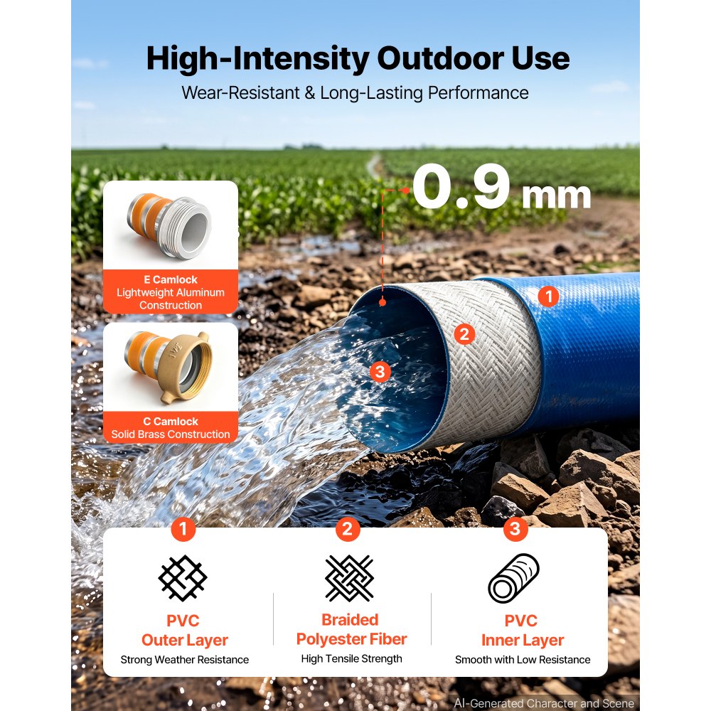 VEVOR Tubo Scarico Piatto in PVC Piscina Irrigazione Lunghezza 15,24 m Blu Diametro Interno 50,8 mm, per Pompa Sommersa, con Filtro di Sabbia, Pressione di Esercizio 6,2 bar, con Raccordi a Linguetta
