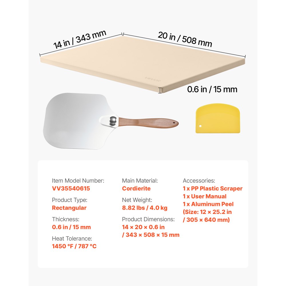 VEVOR Pietra per Pizza, Pietra da Forno per Pizza Rettangolare in Cordierite da 508 x 355 x 15 mm, con Pala in Alluminio, Cordierite Resistente al Calore, per Forno da Cucina, Cottura di Pane