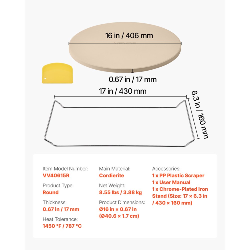 VEVOR Pietra per Pizza, Pietra da Forno per Pizza Rotonda in Cordierite da 406 x 406 x 17 mm, Cordierite Resistente al Calore, per Forno da Cucina, Cottura di Pane, con Supporto Robusto