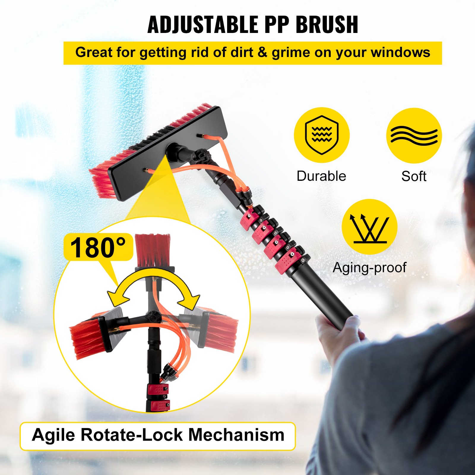 VEVOR Spazzola con Palo Alimentato dall'Acqua Regolabile 2m-7,2m per Pulizia
