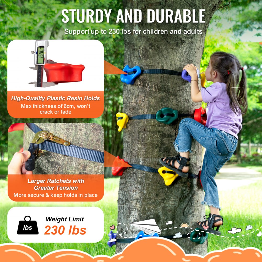 VEVOR Kit di Arrampicata sugli Alberi Ninja, 6 Cinghie a Cricchetto, 12 Prese per Arrampicata sugli Alberi, Grandi Rocce da Arrampicata per l'Allenamento agli Ostacoli dei Guerrieri Ninja all'Aperto